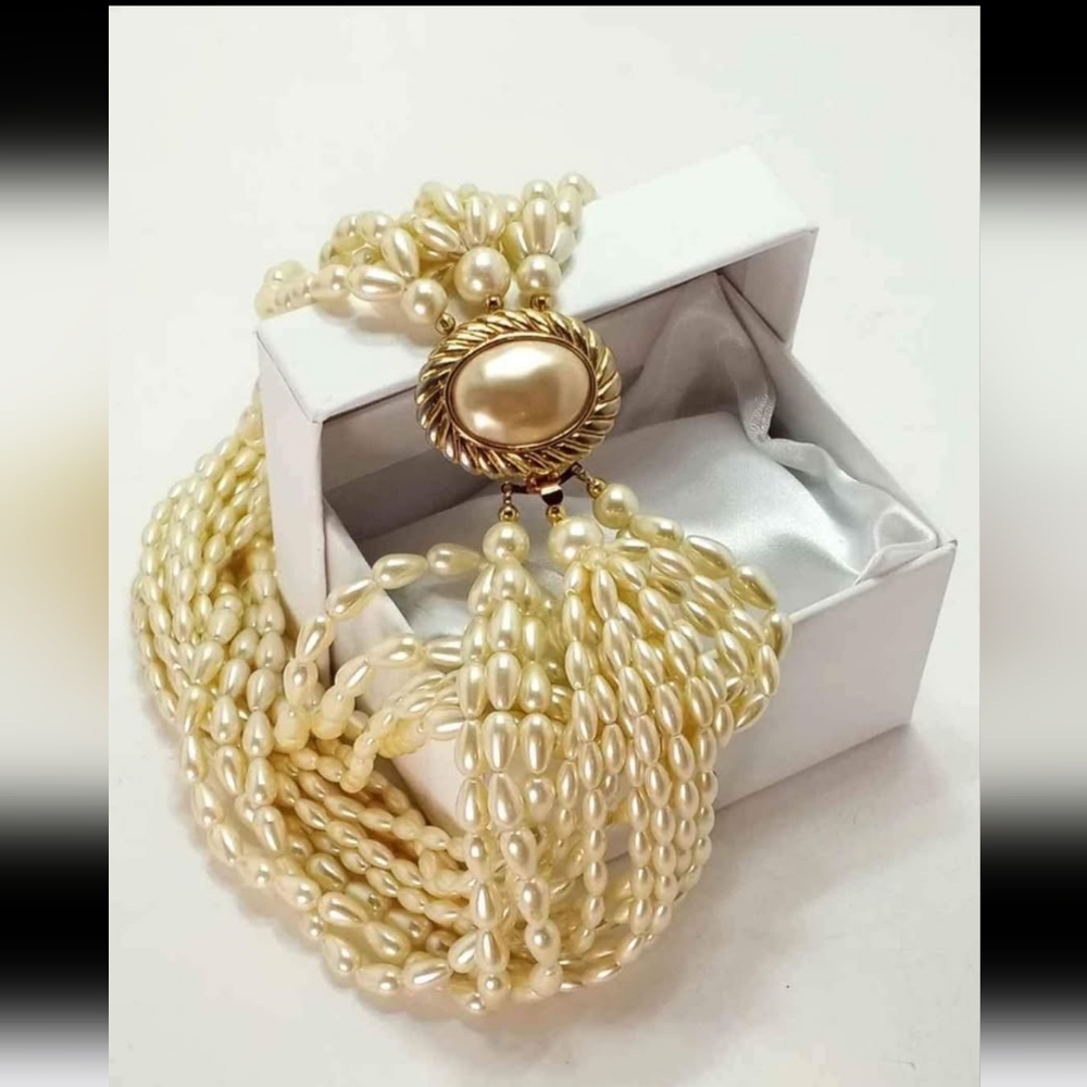 Vintage Stunning Signed CAROLEE Multi Strand Gold Faux Glass Pearl Necklace